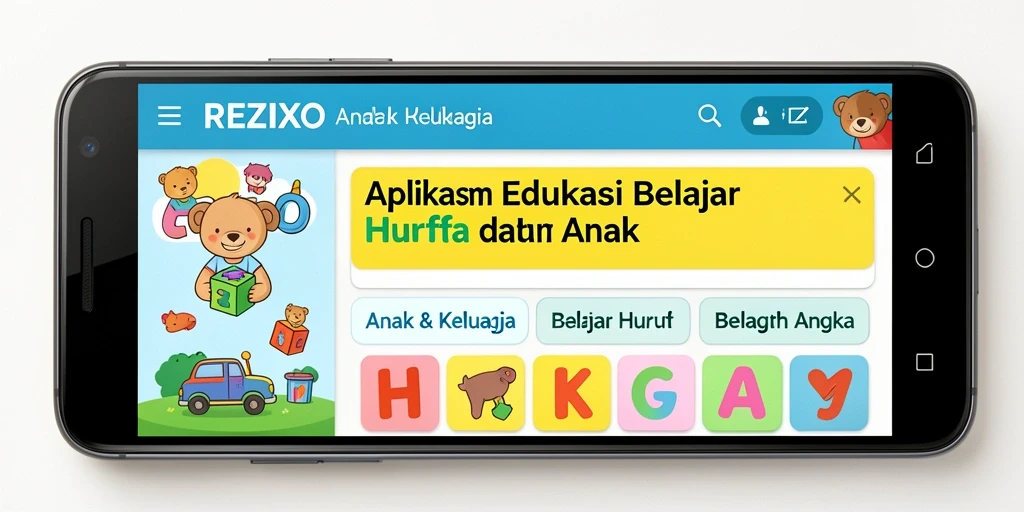 Antarmuka pengguna REZIXO untuk belajar huruf dan angka yang interaktif.